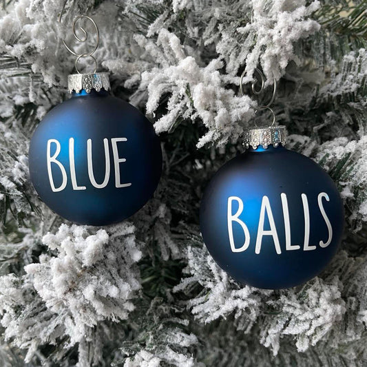 Blue Balls Funny Christmas 3in Glass Ornament Pair w/Gift Box and Hangers Gag Gift For Him