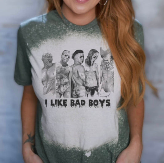 I Like Bad Boys Funny Horror Film Killers Bleach Splatter Tshirt