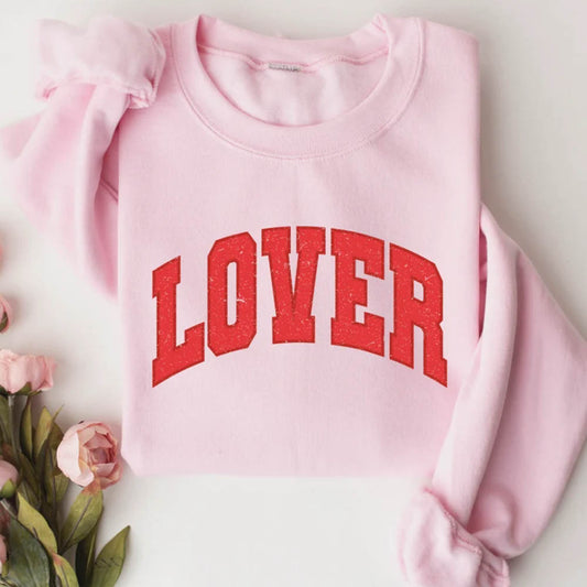 Pink Curved "Lover" Athletic Text Valentine's Day Sweatshirt