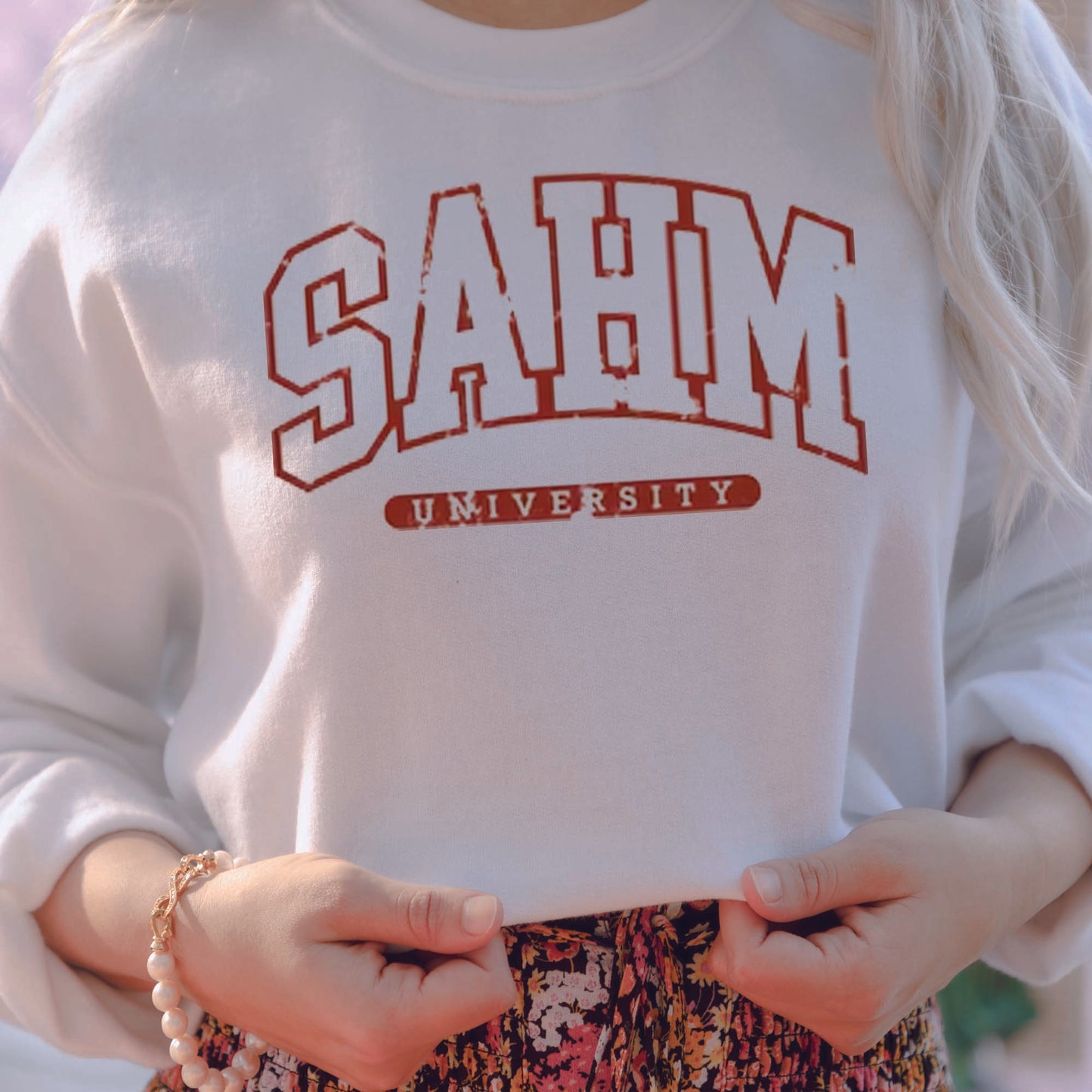 SAHM Stay at Home Mom University White Shirt Sweatshirt - Athletic College Themed